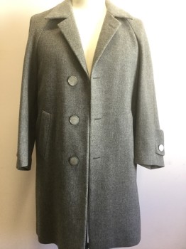 Womens, Coat, N/L, Dove Gray, Wool, Herringbone, 40, Single Breasted, 3 Large Grey Plastic Buttons, Flaps on Each Cuff, Bronze Satin Lined.  Damaged Right Interior Shoulder Lining