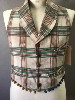 Mens, Historical Fiction Vest, JELMEZ, Tan Brown, Kelly Green, Camel Brown, Chocolate Brown, Turquoise Blue, Linen, Cotton, Plaid, 38, Aged/Distressed,  Shawl Collar, 5 Buttons, 3 Pockets, 2 Different Colored Ball Fringe Front Hem, Tie Back, Circus Clown