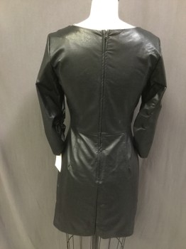 ZARA, Black, Faux Leather, Solid, V-neck, Long Sleeves, Back Zipper, Rouched Sleeves and Asymmetrical Rouching Front, Body Contour,