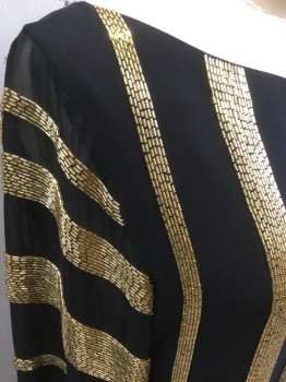 ALICE & OLIVIA, Black, Gold, Silk, Spandex, L/S, Gold Beaded Stripes on Black Chiffon, Scoop Neck, 3/4 Non-lined Sleeves, Zip Back, Knee Length