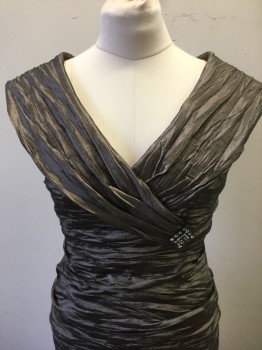 ALEX EVENINGS, Brown, Silver, Polyester, Nylon, Solid, Crinkled Texture Taffeta, Sleeveless, Rounded Collar, Wrapped V-neck, Silver Rhinestone Square Brooch at Side Front Under Bust, Ruched at Sides, Form Fitting with Flared Mermaid Hem, Floor Length