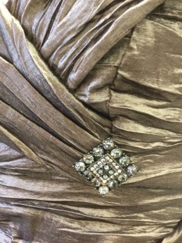 ALEX EVENINGS, Brown, Silver, Polyester, Nylon, Solid, Crinkled Texture Taffeta, Sleeveless, Rounded Collar, Wrapped V-neck, Silver Rhinestone Square Brooch at Side Front Under Bust, Ruched at Sides, Form Fitting with Flared Mermaid Hem, Floor Length