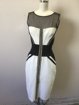 BCBG, Black, Cream, Silver, Nylon, Spandex, Color Blocking, Cream and Black Color Blocked Bodycon Dress, Sleeveless, Sheer Black Netting at Shoulders/Upper Chest, Silver Pointy Stud Details, Knee Length