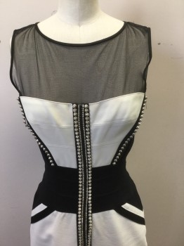 BCBG, Black, Cream, Silver, Nylon, Spandex, Color Blocking, Cream and Black Color Blocked Bodycon Dress, Sleeveless, Sheer Black Netting at Shoulders/Upper Chest, Silver Pointy Stud Details, Knee Length