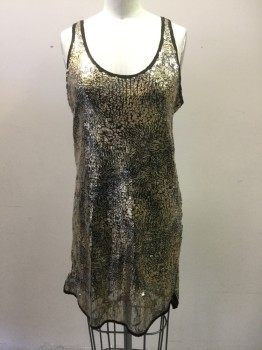 AQUA, Gold, Black, Nylon, Rayon, Abstract , with Gold Speckle Painted Square Clear Sequins, Scoop Neck Sleeveless, Hem Above Knee