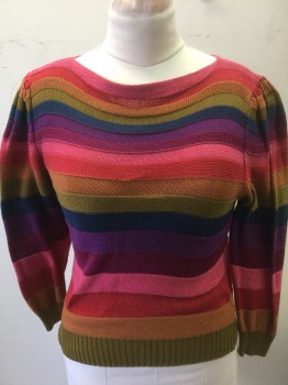 Womens, Sweater, N/L, Multi-color, Cotton, Stripes - Horizontal , B34, M, Rainbow Knit (Pink/Red/Orange/Olive/Blue/Purple/Magenta), Long Sleeves, Bateau/Boat Neck, Ribbed Cuffs and Waistband