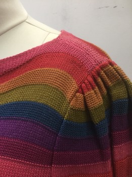 Womens, Sweater, N/L, Multi-color, Cotton, Stripes - Horizontal , B34, M, Rainbow Knit (Pink/Red/Orange/Olive/Blue/Purple/Magenta), Long Sleeves, Bateau/Boat Neck, Ribbed Cuffs and Waistband