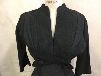 N/L, Graphite Gray, Wool, Solid, V-neck, Stitched Down Vertical Pleat Bib with Criss Cross Button Tabs at Bust, Back Zipper, Long Sleeves, Gored with Inverted Box Pleats in Back,