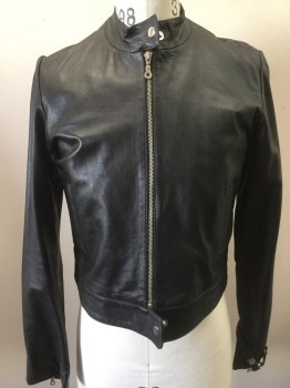 KATIE MEEHAN, Black, Leather, Solid, Band Neck, Zip Front, Slit Pockets, Zip Wrists W/strap