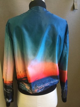 Mens, Casual Jacket, ZARA, Turquoise Blue, Rose Pink, Orange, Navy Blue, Black, Polyester, Novelty Pattern, M, Ocean and Sunset Print, Zip Front, Rib Knit Stand Up Collar/cuffs/waist