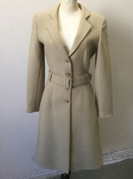 EMPORIO ARMANI, Beige, Wool, Solid, Single Breasted, 4 Button Front, Notched Lapel, Lightly Padded Shoulders, 2 Darts at Waist, Knee Length, **With Matching Belt