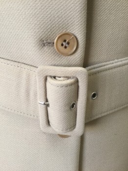 EMPORIO ARMANI, Beige, Wool, Solid, Single Breasted, 4 Button Front, Notched Lapel, Lightly Padded Shoulders, 2 Darts at Waist, Knee Length, **With Matching Belt