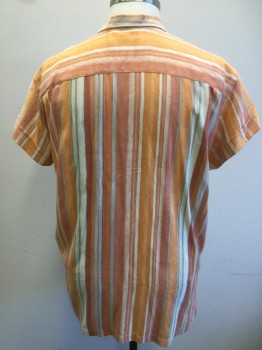 Mens, Casual Shirt, TOMMY BAHAMA, Apricot Orange, Coral Orange, Taupe, Ecru, Silk, Stripes - Vertical , Floral, XXL, Woven with Large Hibiscus Texture, Button Front, Short Sleeves, 1 Pocket, Collar Attached, Double,