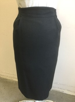 CHAPNIK & CO, Black, Gray, Rust Orange, Polyester, Dots, Black with Gray and Rust Dashes/Lines Repeating Pattern, Single Pleat at Either Side of Waist, Side Pockets, Button/Hook & Bar Closure at Side, Hem Mid-calf,