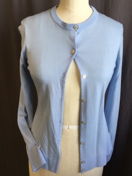 Womens, Sweater, BROOKS BROTHERS, Baby Blue, Cotton, Polyester, Solid, XS, Fine Ribbed Crew Neck, Long Sleeves Cuffs & Hem, Button Front,