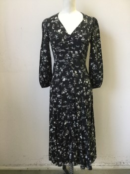 Womens, Dress, Long & 3/4 Sleeve, DENIM & SUPPLY, Black, White, Viscose, Floral, XS, V-neck, Button Loop Front, 3/4 Sleeve with Elastic Cuff, Gathered at Yoke, Calf Length