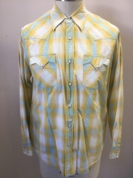 LUCKY BRAND, Yellow, White, Lt Blue, Cotton, Plaid, Long Sleeves, Snap Front, Collar Attached, 2 Pockets with Flap and Snap Closures, Western Style Yoke, Double Pointed Western Style Pocket Flaps