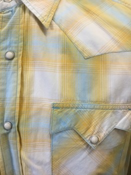 LUCKY BRAND, Yellow, White, Lt Blue, Cotton, Plaid, Long Sleeves, Snap Front, Collar Attached, 2 Pockets with Flap and Snap Closures, Western Style Yoke, Double Pointed Western Style Pocket Flaps