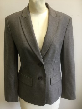 Womens, Suit, Jacket, ANNE KLEIN, Brown, Lt Brown, Polyester, Viscose, Herringbone, 4, Single Breasted, Peaked Lapel, 2 Buttons, Fitted, 2 Pockets, Shoulder Pads, Solid Ecru Satin Lining