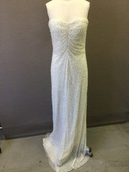 Womens, Evening Gown, ADRIANNA PAPELL, Cream, White, Silver, Nylon, Beaded, 2, Sheer Cream Net with Pearls and Silver Bugle Beads, White Polyester Opaque Underlayer, Strapless, Ruched at Center Front Bust Seam, Padded Bust & Boning, Floor Length Hem