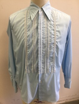 Mens, Formal Shirt, DELTON, Lt Blue, White, Poly/Cotton, Solid, Slv:34, N:16.5, Long Sleeve Button Front, Long Collar Attached, Ruffled Front with White Lace Edging, French Cuffs,