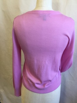 J. CREW, Pink, Wool, Solid, Ribbed Crew Neck, Long Sleeves Cuffs & Hem, Gold Button Front,