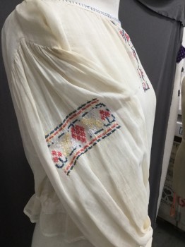 N/L, Cream, Cotton, Solid, Boat Neck with Blanket Stitch in Blue. Cross Stitch Embroidery at Center Front Neckline Mid Sleeves.snap Clsoure at Center Back, Draw String Waist,