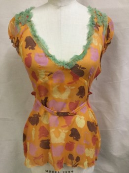 MISS SIXTY, Orange, Silk, Novelty Pattern, Orange Sheer with Maroon/Red/Yellow/Lavender Fruits Print with Frayed Lime Ruffle Trim Deep V-neck, & on Shoulder, Small Puffy Cap Sleeves.  Side Zip, Short Belt Attached with 3 Snaps