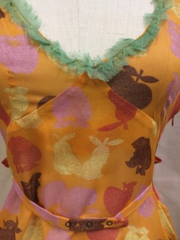 MISS SIXTY, Orange, Silk, Novelty Pattern, Orange Sheer with Maroon/Red/Yellow/Lavender Fruits Print with Frayed Lime Ruffle Trim Deep V-neck, & on Shoulder, Small Puffy Cap Sleeves.  Side Zip, Short Belt Attached with 3 Snaps