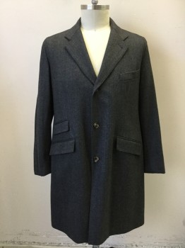LORO PIANA, Charcoal Gray, Wool, Herringbone, Button Front, Collar Attached, Notched Lapel, 4 Pockets, 4 Buttons, Brown Suede Undercollar, Knee Length