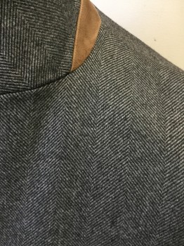 LORO PIANA, Charcoal Gray, Wool, Herringbone, Button Front, Collar Attached, Notched Lapel, 4 Pockets, 4 Buttons, Brown Suede Undercollar, Knee Length