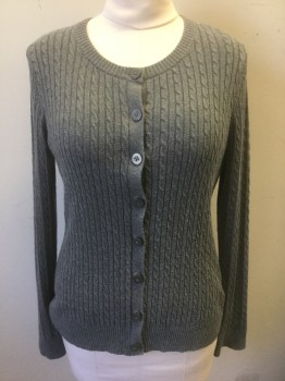 LAURA SCOTT, Gray, Cotton, Acrylic, Solid, Cable Knit, Scoop Neck, B.F., L/S