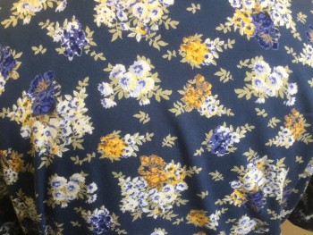 SERENGETI, Dk Blue, Gold, Brown, White, Sage Green, Rayon, Floral, Dark Blue with White, Gold, Brown Floral Pattern, Short Sleeves, Button Front, Notched Lapel, Ankle Length, **Missing Some Buttons