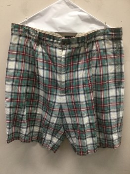 Mens, Shorts, TOMMY HILLFIGER, Off White, Green, Blue, Dk Red, Black, Cotton, Linen, Plaid, 36, Off White with Green/blue/ Dark Red/black Plaid, 2 Pleat Front, Zip Front, 4 Pockets