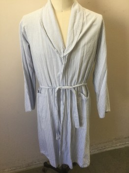 Unisex, Patient Robe, FASHION SEAL SHANE, Lt Blue, White, Cotton, Seersucker, Stripes - Vertical , L, Long Sleeves, Shawl Lapel, 2 Patch Pockets, Self Ties Attached at Center Back Waist