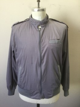 Mens, Windbreaker, MONTEREY, Gray, Poly/Cotton, Solid, M, Lightweight Jacket, Zip Front, Rib Knit at Neck, Cuffs, Waistband and Trim on 3 Pockets, Stand Collar with Self Strap, Epaulettes at Shoulders,