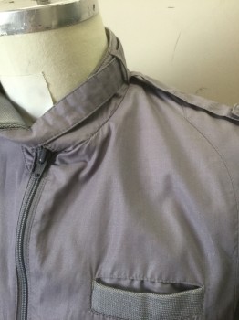 Mens, Windbreaker, MONTEREY, Gray, Poly/Cotton, Solid, M, Lightweight Jacket, Zip Front, Rib Knit at Neck, Cuffs, Waistband and Trim on 3 Pockets, Stand Collar with Self Strap, Epaulettes at Shoulders,