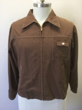 Mens, Jacket, JACKIE THOMSON, Brown, Cotton, Polyester, Solid, XL, Brown with White Top Stitching, Zip Front, Collar Attached, 4 Pockets,