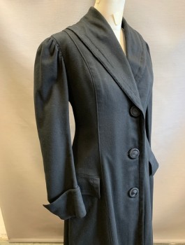 N/L, Black, Wool, Solid, Shawl Collar, 3 Large Black Corded Buttons at Front, 2 Pockets with Flap Closures at Hips, Ankle Length, Folded Cuffs,
