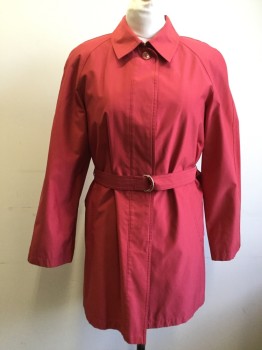 Womens, Coat, Trenchcoat, GALLERY, Red, Polyester, Solid, B 38, M, Single Breasted, Hidden Placket Button Front, Collar Attached, 2 Pockets, Raglan Long Sleeves, Belt Loops, Self Belt