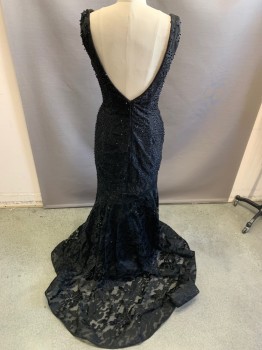 Womens, Evening Gown, JOVANI, Black, Polyester, Solid, B32, 4, W26 H3, Lace on Netting with Large Beads, Center Back Zipper, Plunge Neckline
