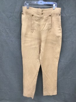 Mens, Historical Fiction Pants, M.B.A. LTD., Camel Brown, Cotton, Solid, 34/32, Historical Military , Brushed Twill, 2 1/2" Waistband, 2 Brass Buttons at Waistband, Fall Front with 2 Brass Buttons, Flap Pockets with Brass Button Closures, Suspender Buttons, Gathered at Back Waistband, Center Back Lace Up, Late 1700's/Early 1800's Reproduction