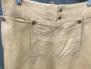 Mens, Historical Fiction Pants, M.B.A. LTD., Camel Brown, Cotton, Solid, 34/32, Historical Military , Brushed Twill, 2 1/2" Waistband, 2 Brass Buttons at Waistband, Fall Front with 2 Brass Buttons, Flap Pockets with Brass Button Closures, Suspender Buttons, Gathered at Back Waistband, Center Back Lace Up, Late 1700's/Early 1800's Reproduction