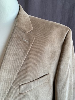 Mens, Sportcoat/Blazer, CHAPS, Lt Brown, Polyester, Nylon, Solid, 50L, Corduroy, Single Breasted, Collar Attached, Notched Lapel, 2 Buttons,  3 Pockets *Ink Stain on Sleeve Cuff*