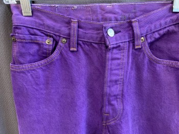 LEVI'S, Violet Purple, Cotton, Solid, High Waist, Button Fly, 5 Pockets, Orange Top Stitching