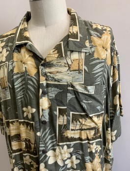 Mens, Hawaiian Shirt, ISLAND PASSPORT, Olive Green, Beige, Tan Brown, Gray, Rayon, Tropical , 4XL, Palm Trees, Tropical Plants and Beach Landscapes, Short Sleeve Button Front, Collar Attached, 1 Patch Pocket, Dad on Vacation