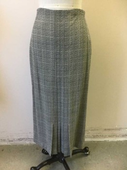 Womens, 1930s Vintage, Suit, Skirt, N/L, Gray, Black, White, Wool, Speckled, Grid , W:26, Gray and Black Speckled, with Black and White Intersecting Grid Stripes, Vertical Pintucks at Center Front From Waist to Hem, Pintucks Fan Out to Become Pleats at Hem, Double Vents in Back, Straight Fit with Hem Mid-calf, Zipper in Back, Made To Order Reproduction
