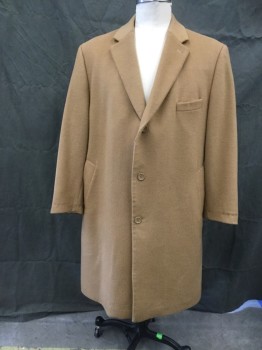 Mens, Coat, N/L, Camel Brown, Wool, Cashmere, Solid, 50L, Overcoat, Single Breasted, Collar Attached, Notched Lapel, 3 Pockets, 3 Buttons,  Attached Back Self Belt, Buttonned with Belt Loops Attached (Not Original), Center Back Slit