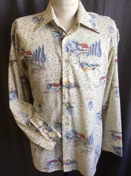 Mens, Shirt Disco, GOLDEN ARROW, Beige, Steel Blue, Yellow, Gray, Brown, Polyester, Acetate, Abstract , L, Impressionist Painting, Collar Attached, Button Front, 1 Pocket, Long Sleeves, (MISSING 1 Button on Left Cuff & Small Ripped on Upper Left Sleeves)