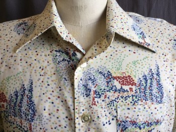 Mens, Shirt Disco, GOLDEN ARROW, Beige, Steel Blue, Yellow, Gray, Brown, Polyester, Acetate, Abstract , L, Impressionist Painting, Collar Attached, Button Front, 1 Pocket, Long Sleeves, (MISSING 1 Button on Left Cuff & Small Ripped on Upper Left Sleeves)